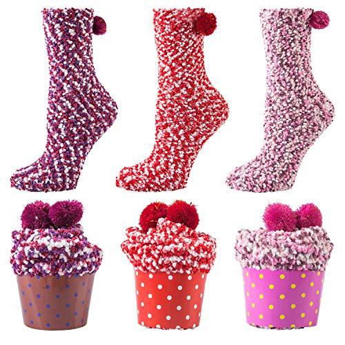 YSense Damen Winter Warme Cupcake Design Flauschige Haussocken Mädchen Kuschel weihnachtssocken 3 Paare