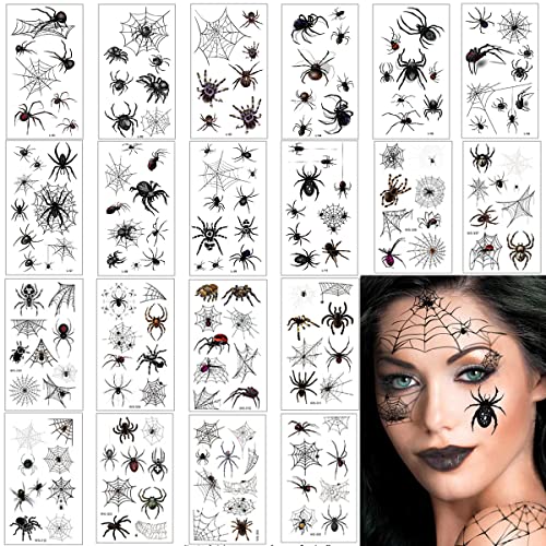 20 Blätter Temporäre Schwarz Spinnen Tattoos Halloween Schminke Tattoo Schwarz Spinne Tattoo mit Spinnennetz Gesicht Gruselig Aufkleber Wasserdicht für Make-up Stützen Cosplay Mottopartys