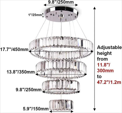 CLAIRDAI 4 Ringe LED Kristall Kronleuchter Moderne Deckenleuchte Leuchten Verstellbare Edelstahl Pendelleuchte für Schlafzimmer Esszimmer Wohnzimmer (Mehrfarbig)