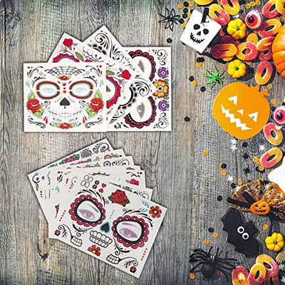 Halloween Schminke Aufkleber, 10 Stück Gesichtstattoo Halloween Totenkopf Gesicht Tattoo Tag der Toten Gesicht Tattos für Kinder Erwachsene Halloween Fasching Maskerade Cosplay Party