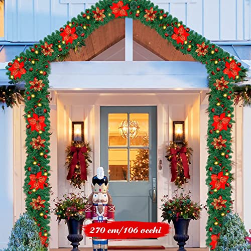 Weihnachtsgirlande Dekoration, Weihnachtsdeko 30 LEDs Girlande Weihnachten IP44 Künstlich Tannengirlande mit Red Blumen, 30 Glänzend Kugeln - für Haus Treppen Kamin Haustür Weihnachtsdeko-2.7M