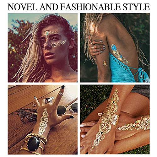 Flash Tattoos, Temporäre Klebe-Tattoos 16 Blätter Metallic Flash tattoos in Gold, Silber & Schwarz Temporäre Tätowierung Wasserdichte, Das perfekte Festival & Party Accessoire.