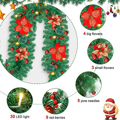 Weihnachtsgirlande Dekoration, Weihnachtsdeko 30 LEDs Girlande Weihnachten IP44 Künstlich Tannengirlande mit Red Blumen, 30 Glänzend Kugeln - für Haus Treppen Kamin Haustür Weihnachtsdeko-2.7M