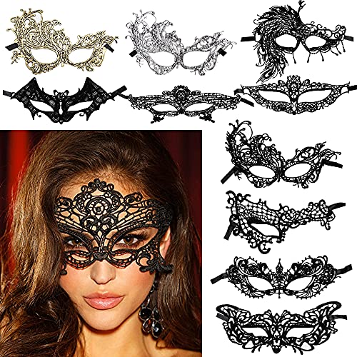 FLOFIA 10 Stück Venezianische Maske Damen Spitze Maske Lace Maske Schwarz / Gold Augenmaske für Fasching Maskerade Masquerade Halloween Karneval Cosplay Party Gothic Gesichtsmaske