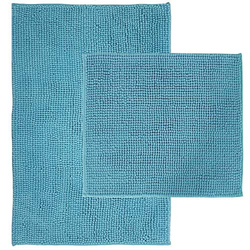 DILUMA Badematte Chenille 2er Set 50x80cm + 45x50cm Türkis Rutschfester Hochflor Badteppich Wellness Badvorleger Saugfähig und Flauschig