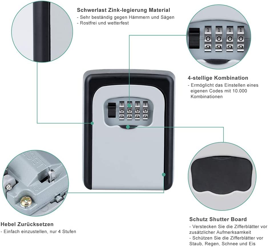 ZHEGE Schlüsseltresor mit Zahlencode, 4-stellig Schlüsselbox mit Code, Schlüsselsafe aussen, Schlüsselkasten außenbereich für hausschlüssel versteck (Schwarz)