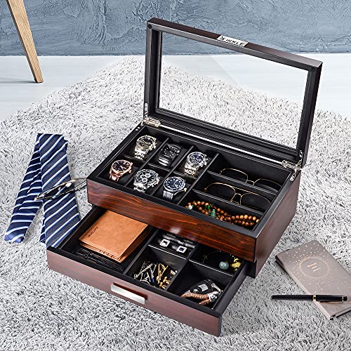 Uhrenbox aus Holz für Männer, Aufbewahrungsbox für Uhren, Doppelschichtige Box mit Glasdeckel für Sonnenbrillen, Schmuck, Halsketten, Ringe, Krawatten,