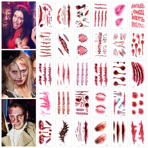 Halloween Tattoos Narben, 30 Blatt Halloween Schminke Wunden Tattoos Zombie Make Up Gesicht Aufkleber Halloween Kostüm Vampir Cosplay Accessoires Dekorationen