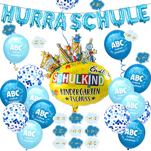 iZoeL Einschulung Deko Jungen Blau HURRA SCHULKIND Girlande SCHULKIND Folienballon 15 Schulanfang Luftballon 14 Deko Konfetti Schuleinführung Einschulungsfeier Dekoration