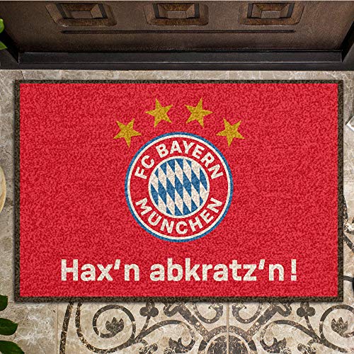 FC Bayern München Fußmatte Hax'n abkratz'n ! 60 cm x 40 cm Schmutzfangmatte mit Rutschfester PVC Unterlage Fußabtreter Fußball FCB Allianz Arena Fußabstreifer für Außen und Innen pflegeleicht