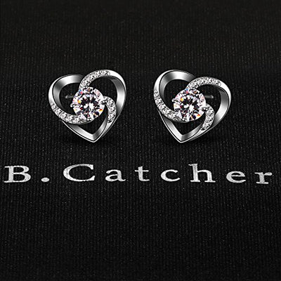 B.Catcher Herz Ohrringe Damen 925 Sterling Silber Ohrschmuck ''Liebe ist Das Glück'' Schmuck Zirkonia Geschenk für Damen