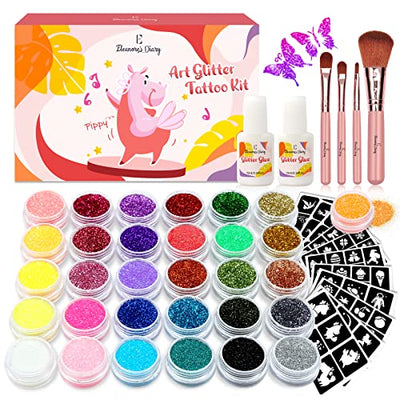 Glitzer Tattoo Set Mädchen Weihnachtsgeschenke, Eleanore's Diary 31 Farben Temporäre Tattoo Glitzer für Kinder, Glitzer Make Up Kit Kinder Erwachsene,165 Schablonen,4 Pinsel 2 Kleber, Geschenk Mädchen