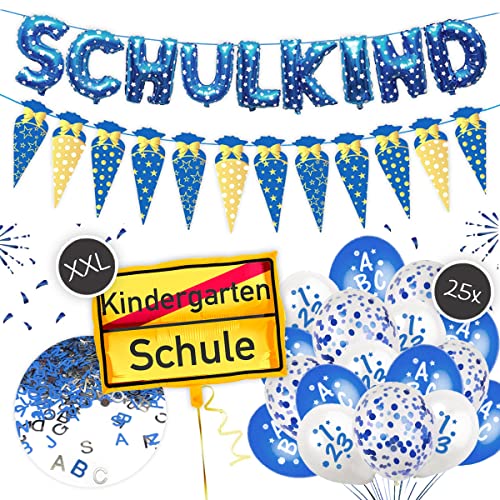 XXL Deko Set zur Einschulung/Schulanfang/Erster Schultag für Jungs | Girlande + XXL Folienluftballons + 25 Luftballons + Buchstaben-Konfetti