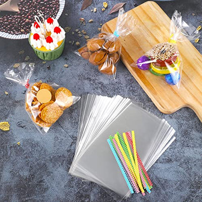 200 Stück Süßigkeiten Tüten, 15 * 10cm Cellophantüten Klar Klein Zellophanbeute mit 200 Metallischen Bindebaender&200 Aufkleber Plastiktüten für Geschenke Schokolade Kekse