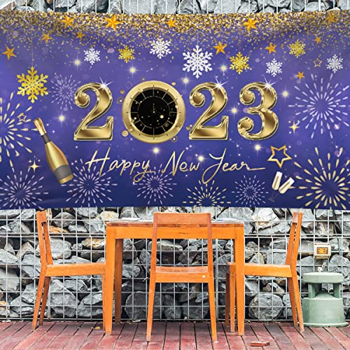 2023 Happy New Year Hintergrund Banner 200 x 110 cm Große Größe Happy New Year Banner Lila Hintergrund Banner Silvester Party Dekorationen Zubehör für Neujahr Party Dekorationen Feier