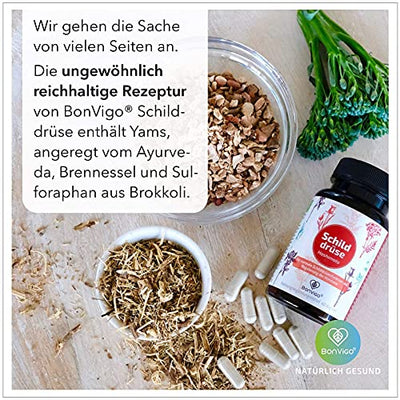 BonVigo® Schilddrüse Kapseln - Normale Schilddrüsenfunktion*, Hormone regulieren** - Pflanzen-Orthomolekular Komplex: Ashwagandha, Yams, Bärlauch, L-Tyrosin, Selen, Zink, Eisen, Vitamine A-B-D-E (1)