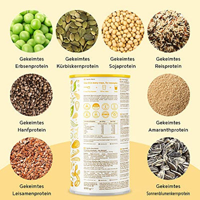 Vegan Protein - VANILLE - Pflanzliches Proteinpulver aus gesprossten Reis, Erbsen, Sojabohnen, Leinsamen, Amaranth, Sonnenblumen- und Kürbiskernen - 1,2kg Pulver