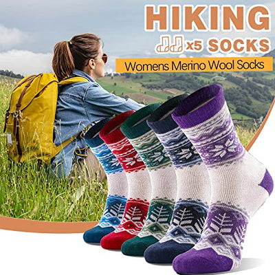 ANTSANG Damen Merino Socken Wolle Wandersocken Warme Wollsocken Atmungsaktiv Thermosocken Geschenke für Frauen Weihnachten Dicke Wintersocken Weihnachtsgeschenke 5 Paar (Schneeflocke A(hellgrau))