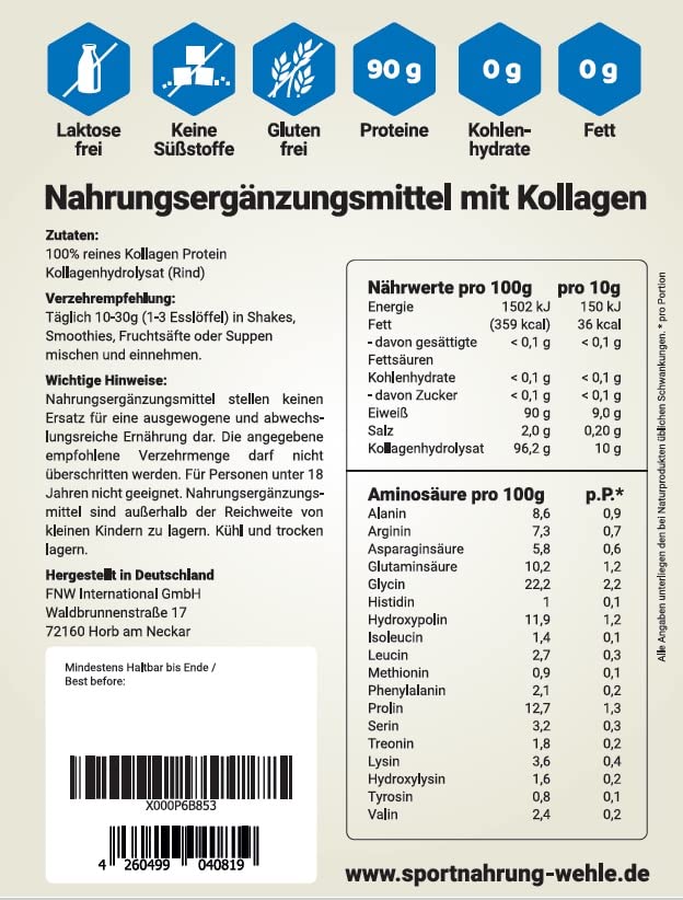 Collagen Pulver 1kg - Bioaktives Kollagen Hydrolysat Peptide I Eiweiß-Pulver Geschmacksneutral I Wehle Sports Made in Germany Kollagen Typ 1 2 3 Lift Drink