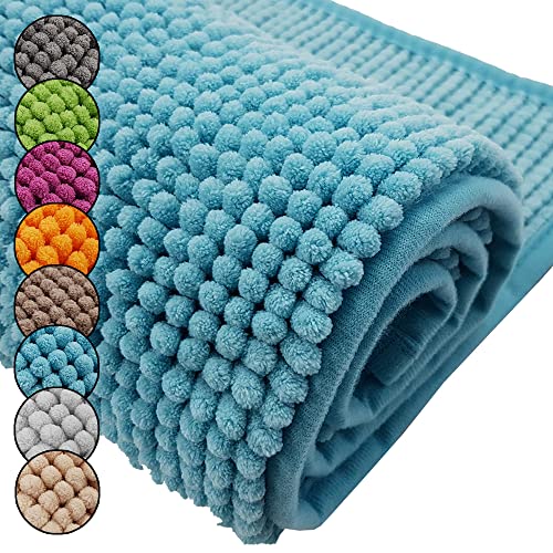 DILUMA Badematte Chenille 2er Set 50x80cm + 45x50cm Türkis Rutschfester Hochflor Badteppich Wellness Badvorleger Saugfähig und Flauschig