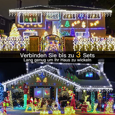 Weihnachtsbeleuchtung Außen - Ollny 15M 594 LED Eisregen Lichterkette Außen mit Fernbedienung Wasserdicht 8 Leuchtmodi Lichterkette Außen weiß für Balkon Fenster Haus Pavillon Terrasse Weihnachtsdeko