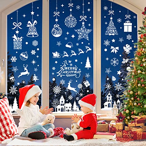 193 Stk Fensterbilder Weihnachten Selbstklebend,Weiß Fensterdeko Weihnachten Wiederverwendbar,PVC Schneeflocken Fensterdeko, fenstersticker Weihnachten mit Häuser für Winter Fenster Weihnachten deko