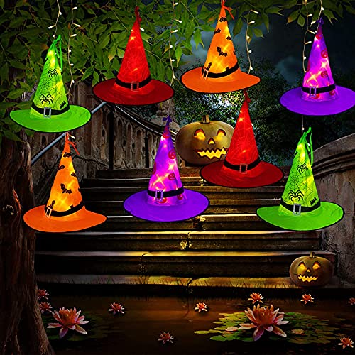 WUJUN Halloween-Dekorationen für den Außenbereich, Hexenhut, Lichter, 8 Stück, hängende beleuchtete, leuchtende Hexenhüte mit 11 m, 104 LEDs, Halloween-Lichterkette (8 Beleuchtungsmodi)