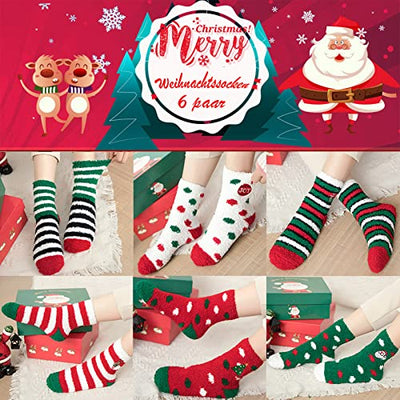 Fascigirl 6 Paare Weihnachtssocken Damen Kuschelsocken Flauschige Socken Weihnachten Socken Lustige Winter Warme Bettsocken Adventkalender Socken Christmas Wichtelgeschenk Geschenk für Frauen Damen