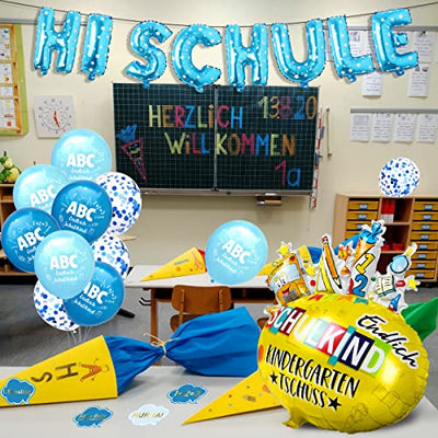 iZoeL Einschulung Deko Jungen Blau HURRA SCHULKIND Girlande SCHULKIND Folienballon 15 Schulanfang Luftballon 14 Deko Konfetti Schuleinführung Einschulungsfeier Dekoration