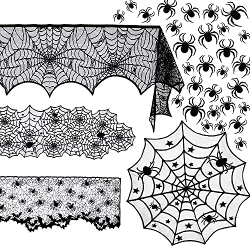 64 Pcs Halloween Deko Spinnennetz Dekoration Spinnen Accessories Tischdecke Set Spinnweben Party Spider Web Netz Schwarz Spinnennetz Tischdekoration Sachen Haus Hängedeko Decocino Tischläufer Zubehör