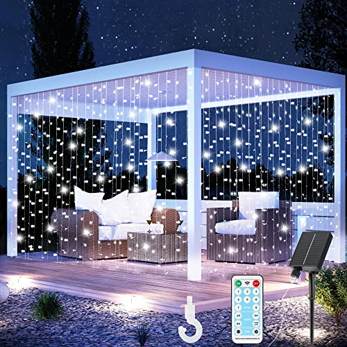 Solar Lichtervorhang Aussen, RJEDL 3x3m 300 LED Lichterkette mit 8 Modi Fernbedienung IP65 Wasserdicht Wasserfall Solar Außen Lichterkette für Weihnachten, Partydekoration, Innenbeleuchtung, Kaltweiß