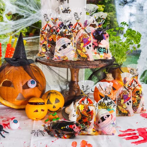 DERAYEE Cellophantüten, 120 Stücke Halloween Cellophantüten Groß, Süßigkeiten Tüten mit 150 Stücke Twist Krawatten