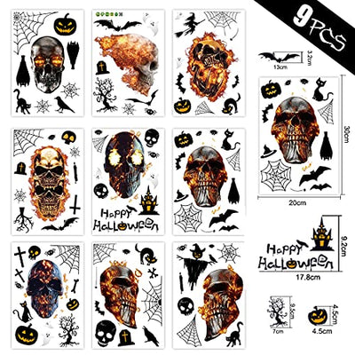 Wishstar Halloween Aufkleber 9 Stück，Halloween Sticker Set，Halloween fensteraufkleber Totenkopf，Schädel Kürbis Geist Aufkleber,Halloween Horror Aufkleber Dekoration，Halloween Party deko Aufkleber