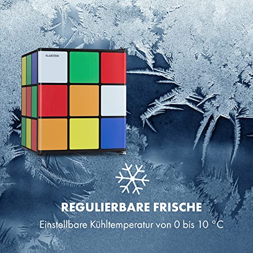 Klarstein Solve - Mini-Kühlschrank, Minibar, thermoelektrisches Kühlsystem, 48 Liter Fassungsvermögen, mechanischer Drehregler, Kühlung: 0 bis 10 °C, schwarz/bunt