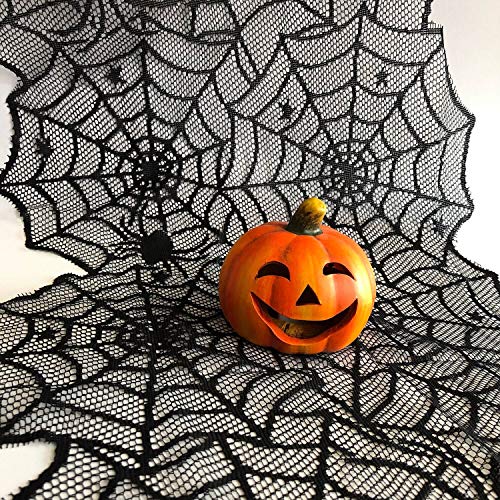 Oblique Unique® Tischläufer Spinnennetze und Spinnen mit Spitze Tischband Tisch Läufer Tischdeko für Halloween Deko Dekoration Schwarz 45cm breit 1,8m lang