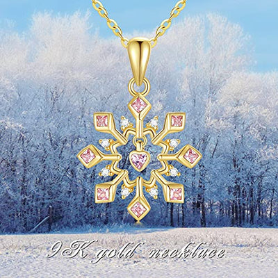 YDD 9 Karat Gold Schneeflocken-Halskette für Damen, Liebes Herz Schneeflocken Anhänger Halskette mit rosa Zirkonia Weihnachtsgeschenke Schmuck für Mädchen Ihr 16''+1''+1''