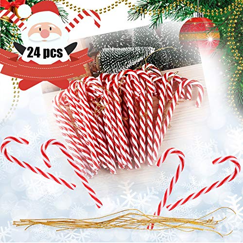 24 Stück Weihnachten Deko Twisted Zuckerstangen Dekoration Draußen Christbaumschmuck Anhänger mit Golden Kordel Weihnachtsbaumschmuck