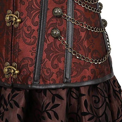 Grebrafan Steampunk Taillen Corsage Kostüm mit asymmetrischer Spitzenrock und Bluse - für Karneval Fasching Halloween (EUR(32-34) S, Braun)