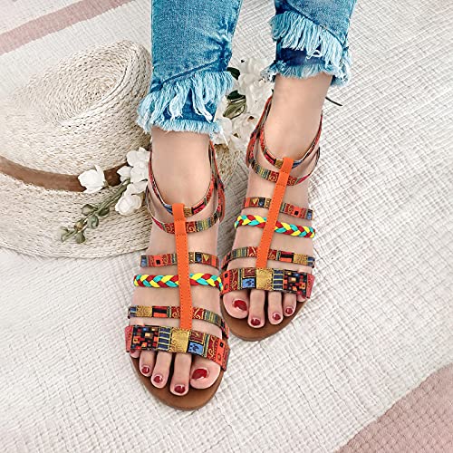 Camfosy Damen Flach Römische Sandalen,Frauen Böhmen Mehrfarbig Webmuster Sommerschuhe Freizeit Urlaub rutschfest Gemütlich Reißverschluss Riemchensandalen - Blau Orange Rot