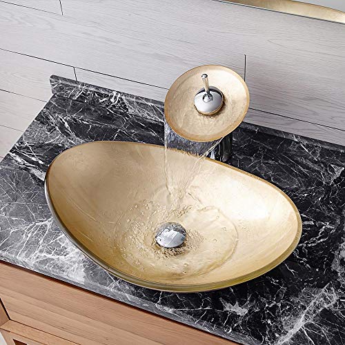 HomeLava Glas Waschbecken Set Aufsatz-Waschbecken Handwaschbecken Waschtisch mit Wasserfall Wasserhahn Oval Golden