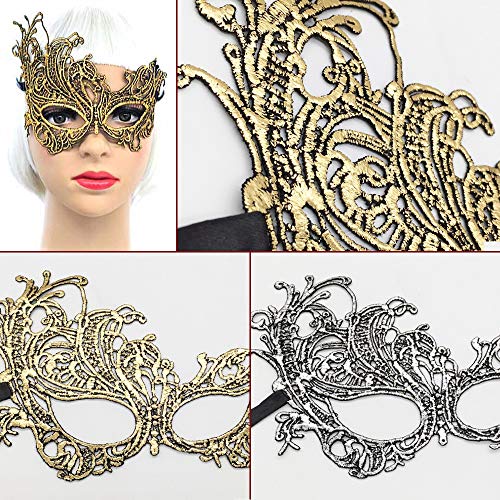 FLOFIA 10 Stück Venezianische Maske Damen Spitze Maske Lace Maske Schwarz / Gold Augenmaske für Fasching Maskerade Masquerade Halloween Karneval Cosplay Party Gothic Gesichtsmaske