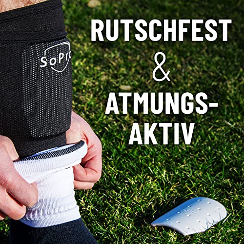 SoPro Mini Schienbeinschoner für Fußball - inklusive Socken - 120 x 80 x 5 mm - Für Kinder & Erwachsene - leicht, klein, rutschfest & geruchsneutral - Made in Germany