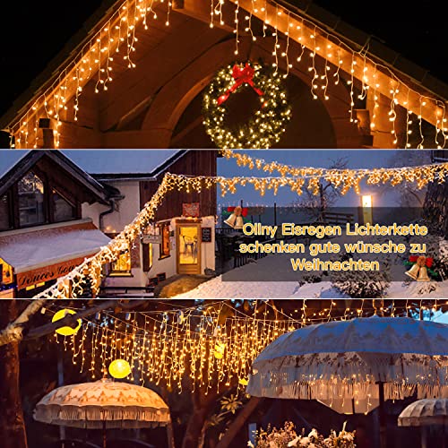 Weihnachtsbeleuchtung Außen, Ollny Eisregen Lichterkette Außen 10m 396LEDs 66Saiten, Lichtervorhang mit Fernbedienung & Timer Strom 8 Modi für Weihnachten, Silvester, Balkon - Lichterkette Warmweiß