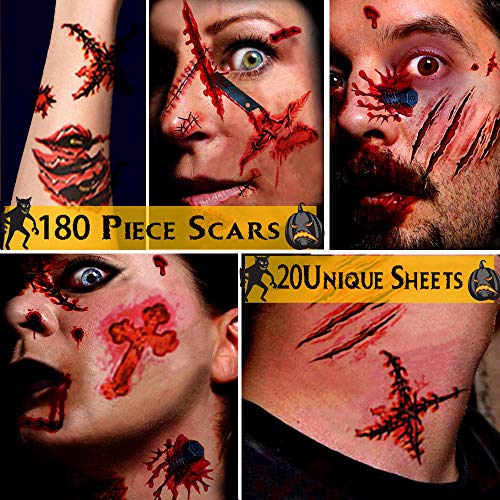 Alintor Halloween Schminke - Halloween Tattoo Gesicht, Halloween Kostüm Damen Gruselig Tattoos, 180 Pcs(5 Große+15 Kleine Blatt) Zombie Vampir Narben Wunden Tattoos Aufkleber für Kinder Herren Makeup