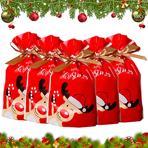 50 Stück Weihnachten Süßigkeiten Tüten, Weihnachten Geschenktüte, Weihnachten Geschenkbeutel mit Kordelzug, Geschenkverpackung Tasche Süssigkeiten Kekstüten, Wiederverwendbare Partytüten für Kinder