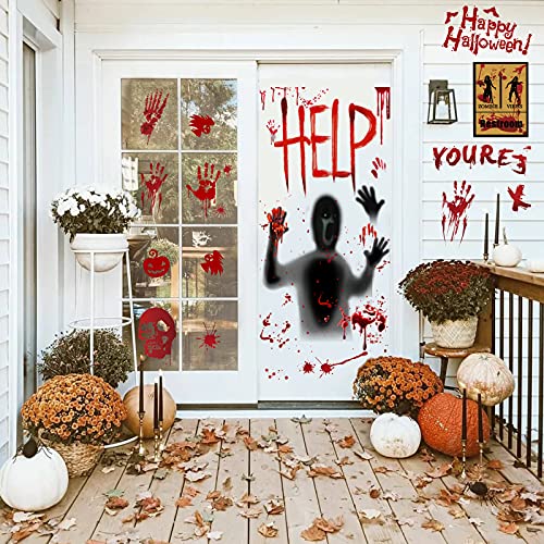 Moxled Halloween Deko Horror, Blutige Fenster Handabdruck Fußabdruck, 2 Sets Halloween Fenster Tür Aufkleber & 8 Sets Blutige Mauer Boden Aufkleber 88pcs Blutige Aufkleber für Halloween Party