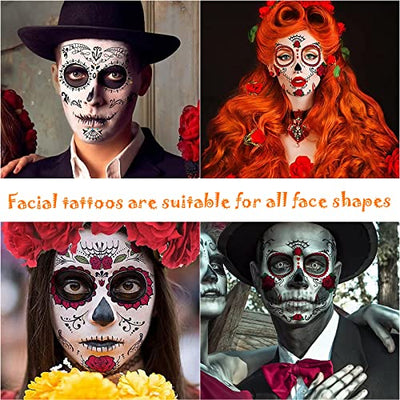 Halloween Schminke Aufkleber, 10 Stück Gesichtstattoo Halloween Totenkopf Gesicht Tattoo Tag der Toten Gesicht Tattos für Kinder Erwachsene Halloween Fasching Maskerade Cosplay Party