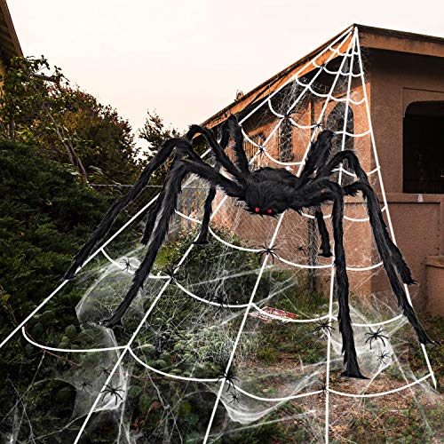 iZoeL Halloween Deko 700cm Riesige Spinnennetz + 200cm Spinne + Spinnweben + 30 Mini Spinne, Halloween Garten Deko Außendekoration Riesenspinne