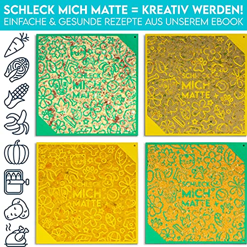 HUND IST KÖNIG® Leckmatte Hund mit patentierter Struktur + Saugnäpfe, Schleckmatte Hund 22x22cm [2 Stück] inkl. Spatel + Rezepte-Ebook, Hunde Leckmatte lebensmittelecht & spülmaschinenfest