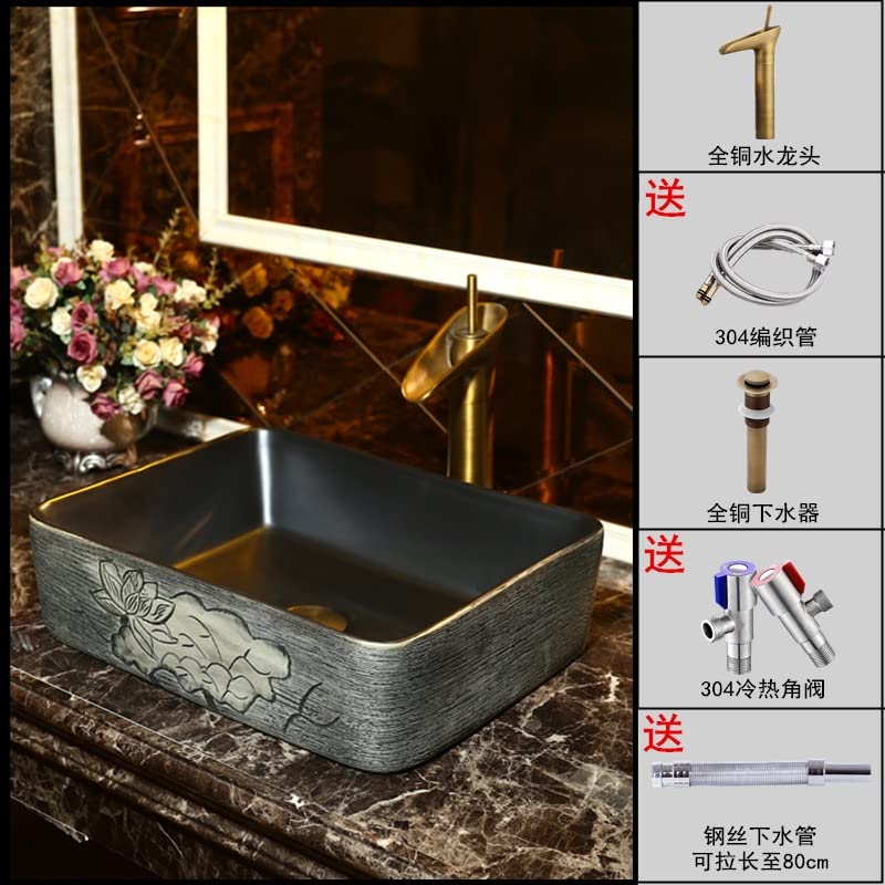 MJWDP Aufsatzbecken Keramik Waschbecken Waschbecken Haushalt Badezimmer Retro New Chinese Black Square Künstlerische Kreativität